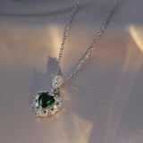 Heart Stud Earrings & Pendant Necklaces Set Silver Green Zircon Bride Wedding