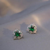 Heart Stud Earrings & Pendant Necklaces Set Silver Green Zircon Bride Wedding