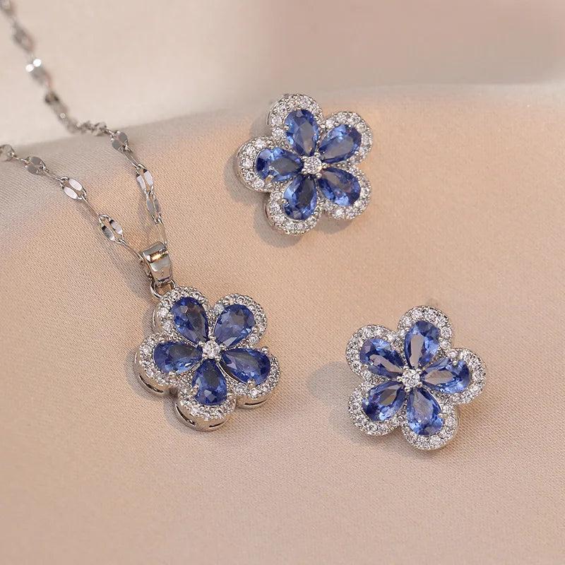 Cherry Flower Pendant and Stud Earrings Set for Women