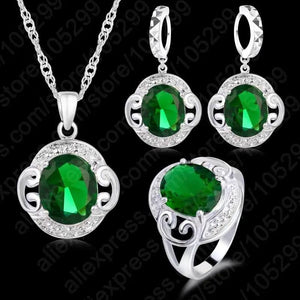 925 Silver Green CZ Crystal Jewelry Set Necklace Earrings Ring