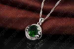 925 Silver Green CZ Crystal Jewelry Set Necklace Earrings Ring
