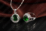 925 Silver Green CZ Crystal Jewelry Set Necklace Earrings Ring