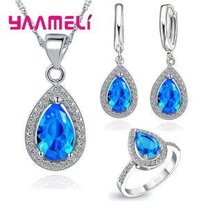 925 Silver Water Drop Jewelry Set CZ Crystal Bridal
