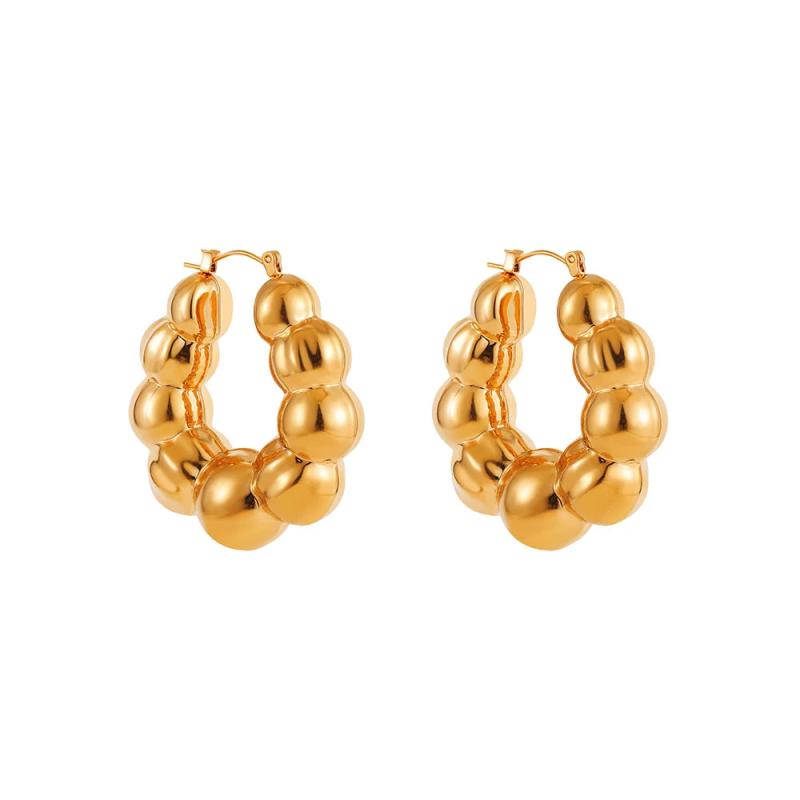 Small Ball Beads U Hoop Earrings Stainless Steel Hypoallergenic 18K Plated