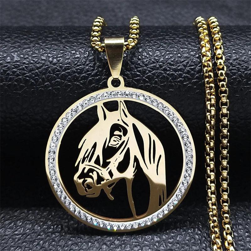 Crystal Stainless Steel Horse Head Pendant Chain Necklace Men Women Jewelry