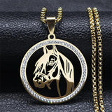 Crystal Stainless Steel Horse Head Pendant Chain Necklace Men Women Jewelry