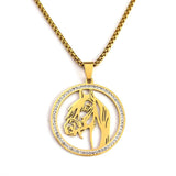 Crystal Stainless Steel Horse Head Pendant Chain Necklace Men Women Jewelry