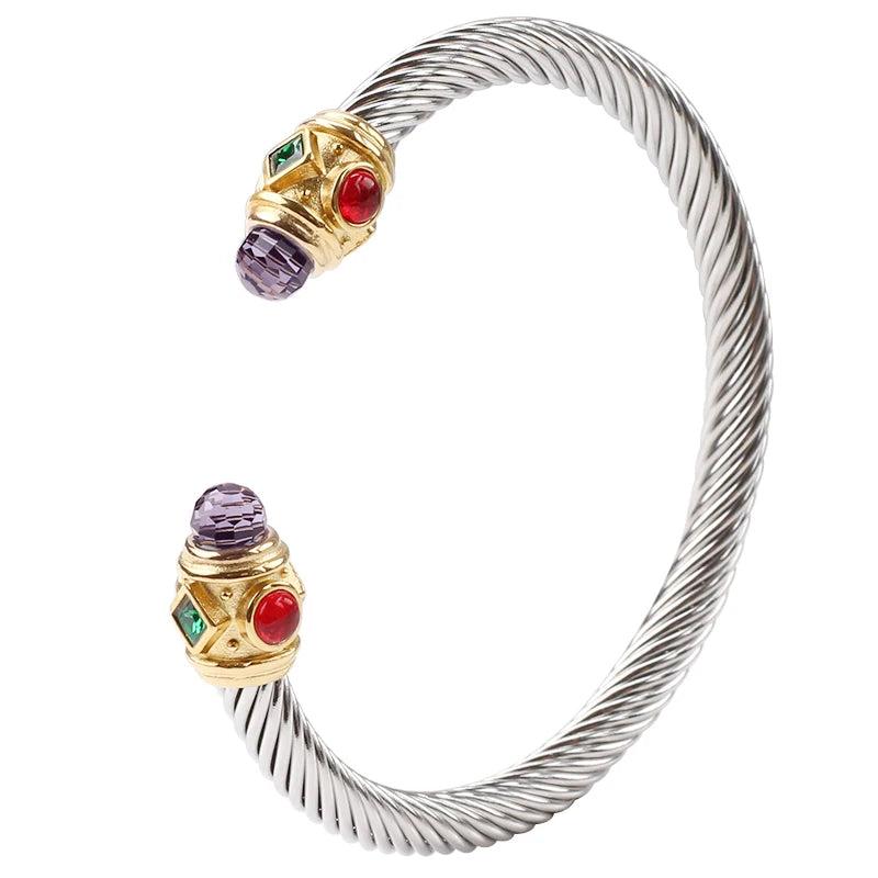 Women's Stainless Steel Bracelet Set with Gemstones and Cable