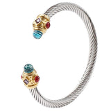 Women's Stainless Steel Bracelet Set with Gemstones and Cable