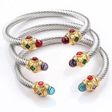 Women's Stainless Steel Bracelet Set with Gemstones and Cable