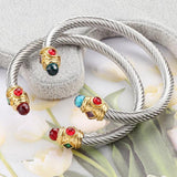 Women's Stainless Steel Bracelet Set with Gemstones and Cable