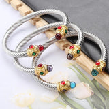 Women's Stainless Steel Bracelet Set with Gemstones and Cable