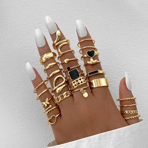 27Pcs Plated Heart Snake Butterfly Rings Set Geometric Hollow Finger Ring