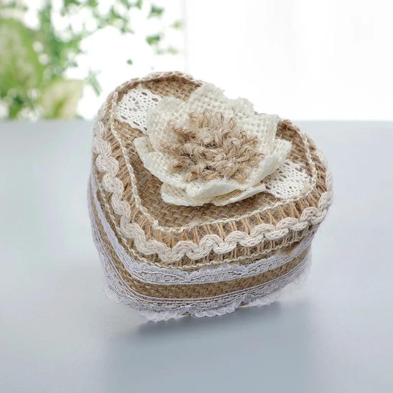 Heart Lace Ring Box Romantic Burlap Bow Wedding Ring Storage Holder