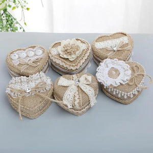 Heart Lace Ring Box Romantic Burlap Bow Wedding Ring Storage Holder