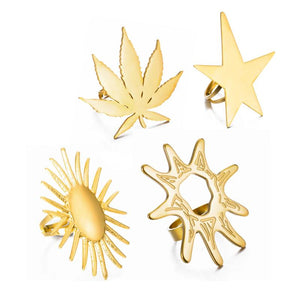 Stainless Steel Open Rings Maple Leaf Flower Sun Star Finger Large Ring Women