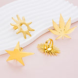 Stainless Steel Open Rings Maple Leaf Flower Sun Star Finger Large Ring Women
