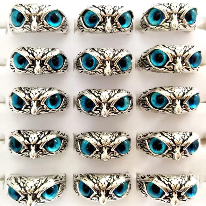 10pcs Cat Eye Owl Ring Vintage Silver Plate Alloy Wedding Enga
