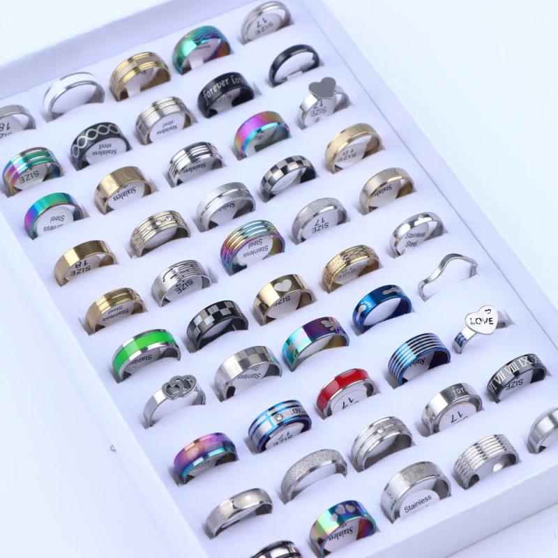 10Pcs/Lot Stripe Stainless Steel Rings Zircon Spinner Punk Spikes