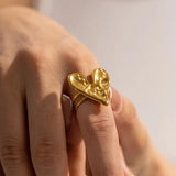 Youthway Stainless Steel Hammer Pattern Big Heart Opening Ring 18K Plated