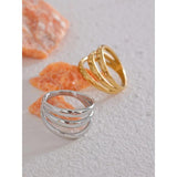 Stainless Steel Hollow Layered Wide Ring Golden Jewelry