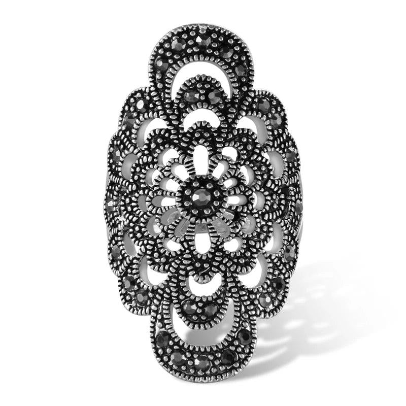Hollow Flower Rhinestone Ring Antique Jewelry