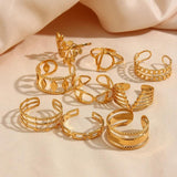 Boho Vintage Stainless Steel Ring Leaf Geometric Chain for Women