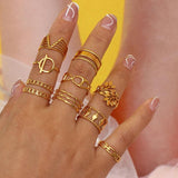 Boho Vintage Stainless Steel Ring Leaf Geometric Chain for Women