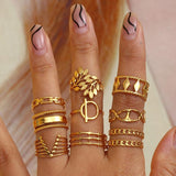Boho Vintage Stainless Steel Ring Leaf Geometric Chain for Women
