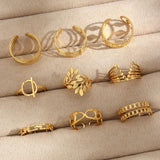 Boho Vintage Stainless Steel Ring Leaf Geometric Chain for Women