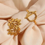 Boho Vintage Stainless Steel Ring Leaf Geometric Chain for Women