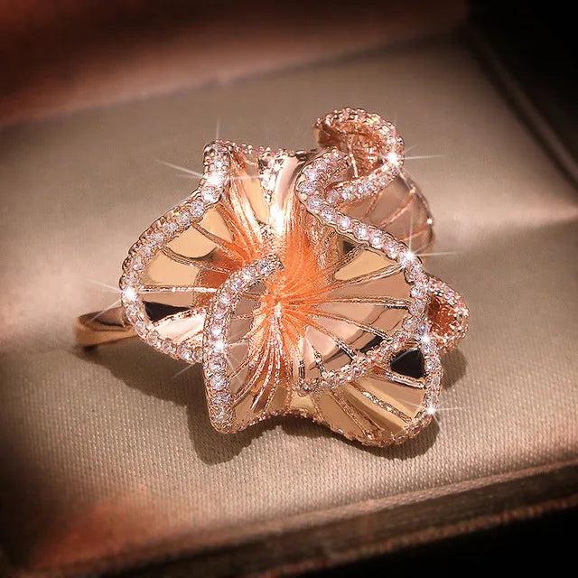 Camellia Zircon Wedding Ring Rose Crystals Bridal Jewelry