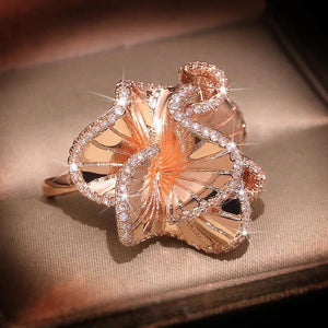 Camellia Zircon Wedding Ring Rose Crystals Bridal Jewelry