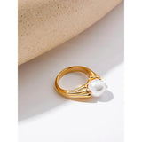 Vintage Stainless Steel Shell Pearl Ring 18K Charm Jewelry for Women