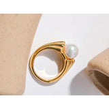 Vintage Stainless Steel Shell Pearl Ring 18K Charm Jewelry for Women