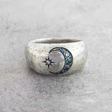 Vintage Silver Sun Moon Rings with Inlaid Stones for Women