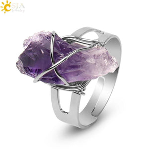 CSJA Women Ring Natural Stone Irregular Crystal Silver Wire Wrapped Adjustable