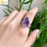 CSJA Women Ring Natural Stone Irregular Crystal Silver Wire Wrapped Adjustable