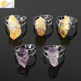 CSJA Women Ring Natural Stone Irregular Crystal Silver Wire Wrapped Adjustable
