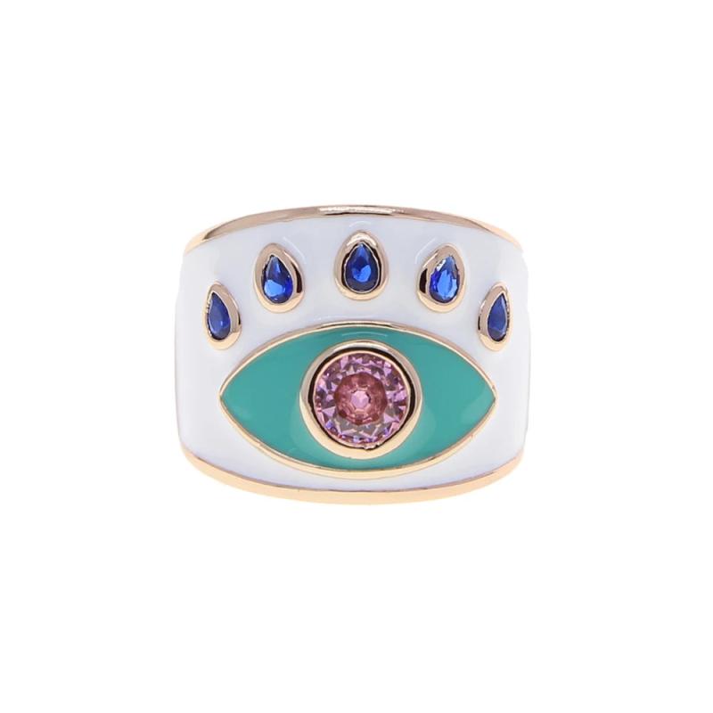 Pink Enamel Evil Eye Women Finger Band Ring Adjustable Size