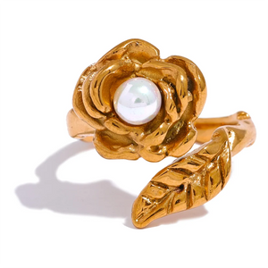 Stainless Steel Rose Flower Pearl Ring Women 18K Gold Plated Jewelry