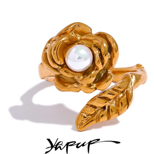 Stainless Steel Rose Flower Pearl Ring Women 18K Gold Plated Jewelry