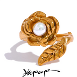 Stainless Steel Rose Flower Pearl Ring Women 18K Gold Plated Jewelry