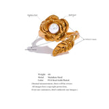 Stainless Steel Rose Flower Pearl Ring Women 18K Gold Plated Jewelry