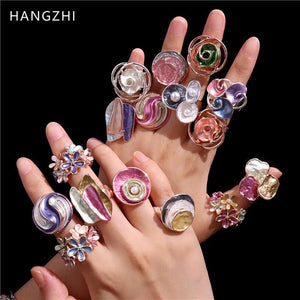 Colorful Elastic Rope Flower Rings Enamel Vintage Jewelry