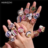 Colorful Elastic Rope Flower Rings Enamel Vintage Jewelry