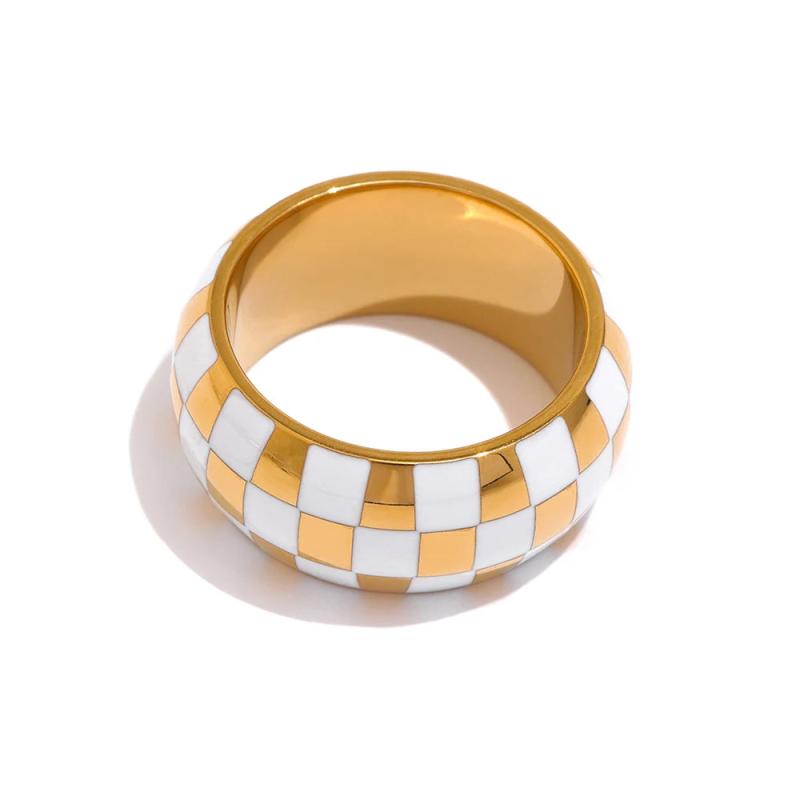 Enamel Checkered Round Ring Stainless Steel Charm Finger Ring for Women
