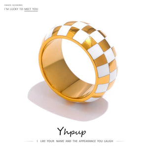 Enamel Checkered Round Ring Stainless Steel Charm Finger Ring for Women