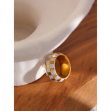 Enamel Checkered Round Ring Stainless Steel Charm Finger Ring for Women