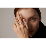 Enamel Checkered Round Ring Stainless Steel Charm Finger Ring for Women